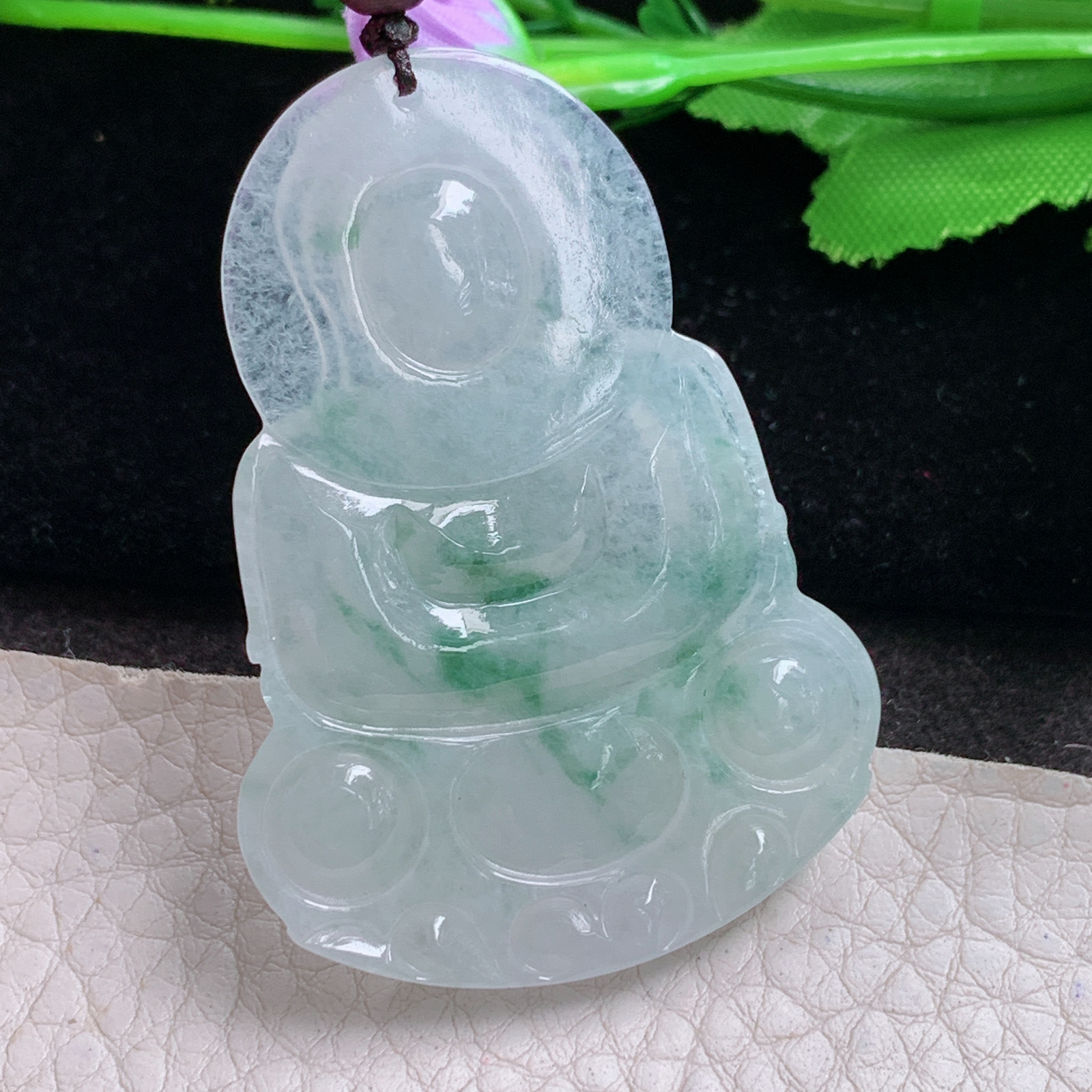 zen实拍52*37*6缅甸翡翠a货精雕冰飘花正庄观音玉吊坠 玉挂件
