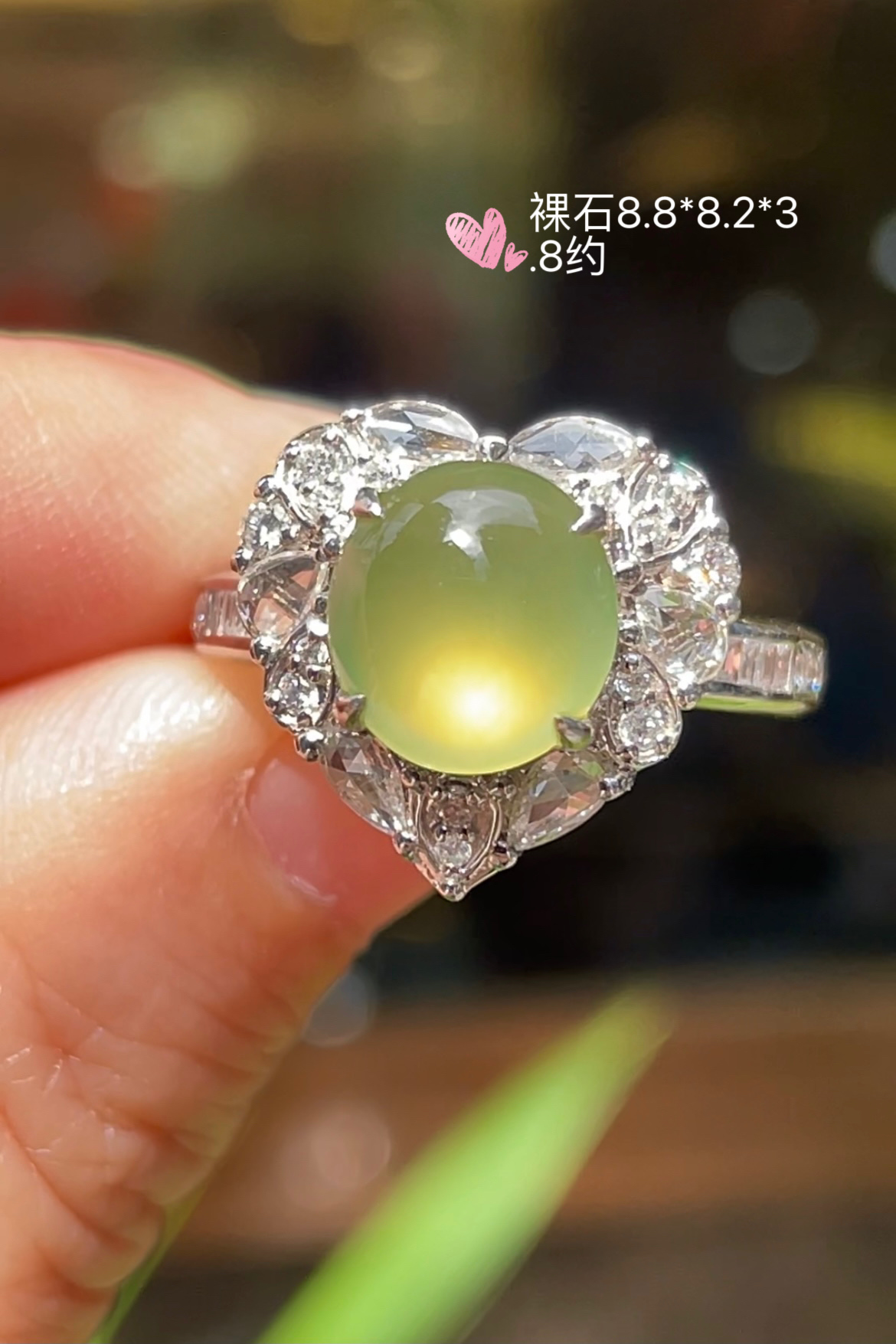 【高冰黄翡，戒指】大件饱满，通透水润，玉质细腻，翠色鲜艳，18k金奢华钻石镶嵌️，8.8-8.2-