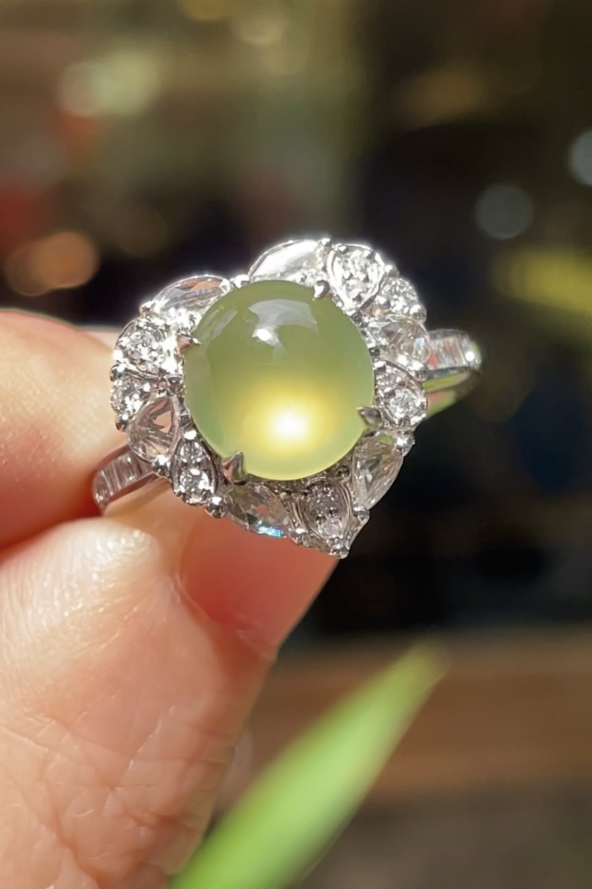 【高冰黄翡，戒指】大件饱满，通透水润，玉质细腻，翠色鲜艳，18k金奢华钻石镶嵌️，8.8-8.2-3.8