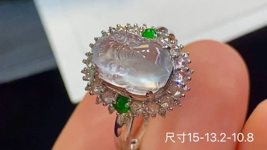 ️ 18k金+钻玻璃种貔貅戒指，无裂，15-13.2-10.8