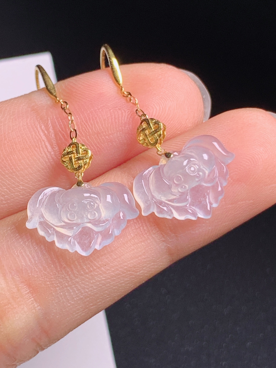 高冰莲花耳坠，通透起光金镶国风扣，温婉清雅 530702