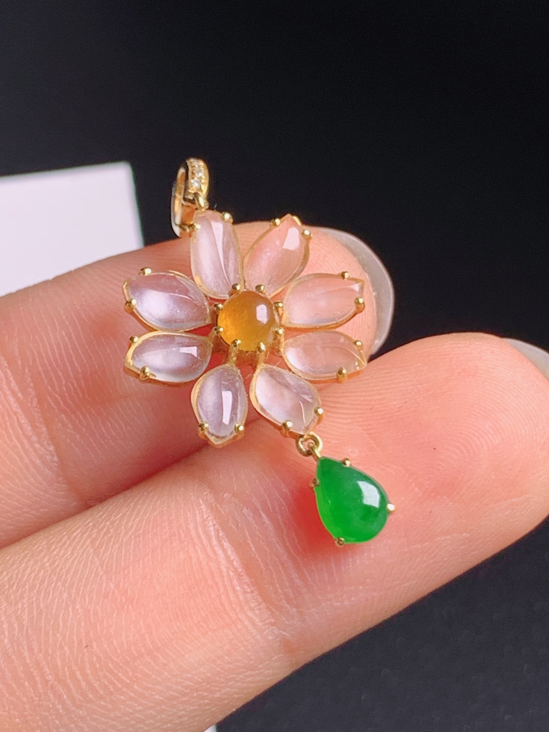 高冰小花随形吊坠，冰白黄翡阳绿三色汇聚，花开富贵精致小巧 900704