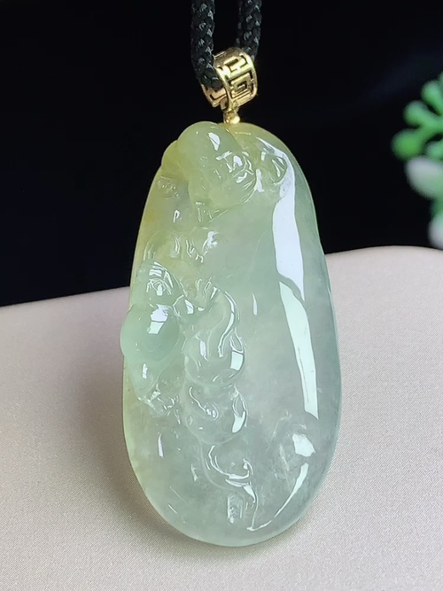 18k金镶冰飘黄翡貔貅，无裂，尺寸36.3-17.9-6.8mm，Q05hjg