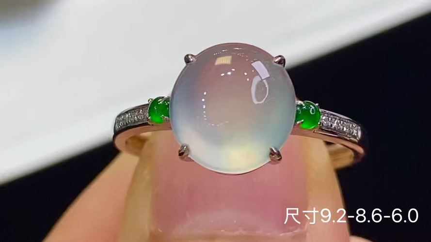 18k金+钻玻璃种蛋面戒指，无裂，9.2-8.6-6.0