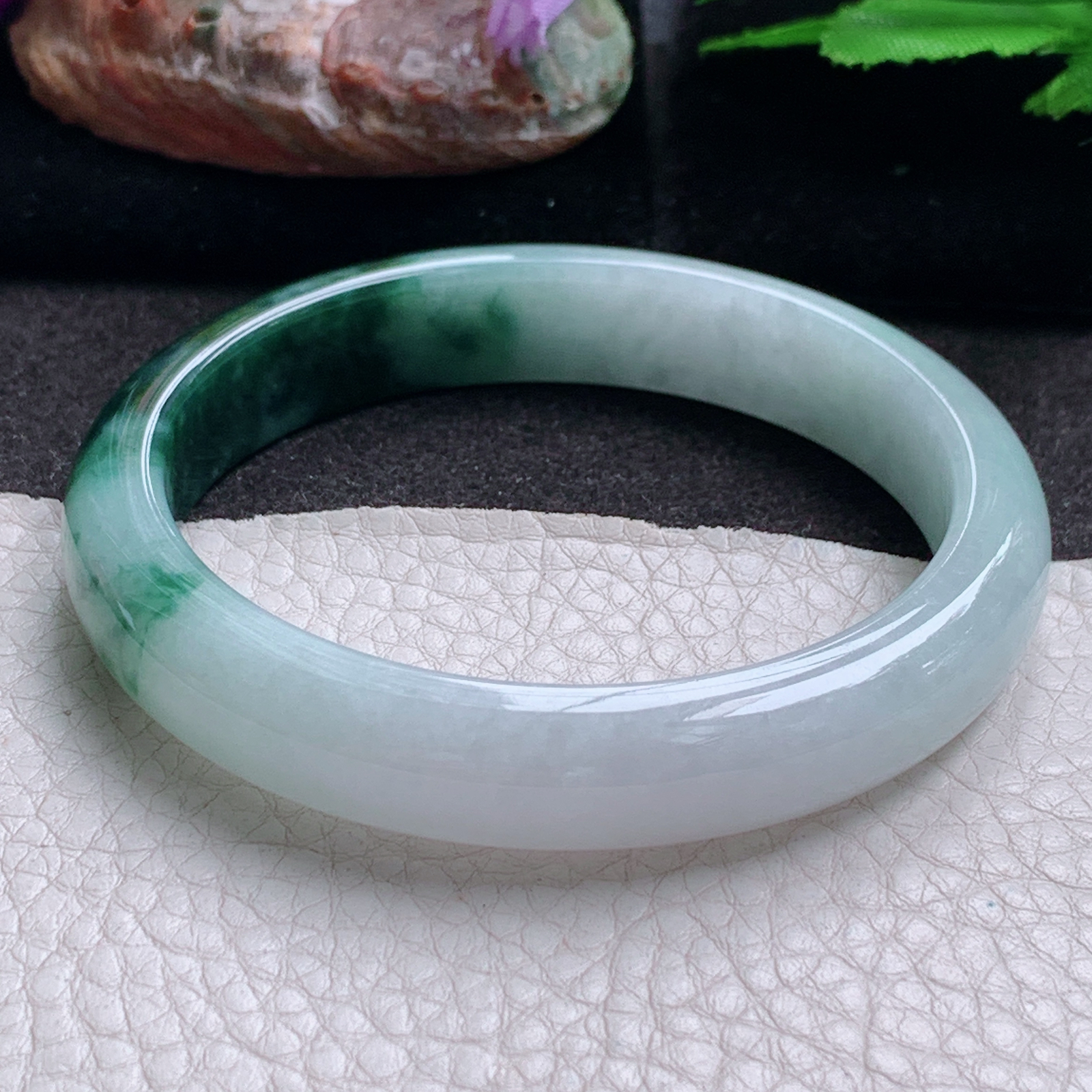 js大圈口60*12*8平安镯 缅甸翡翠玉手镯 飘花半山水宽边玉手环