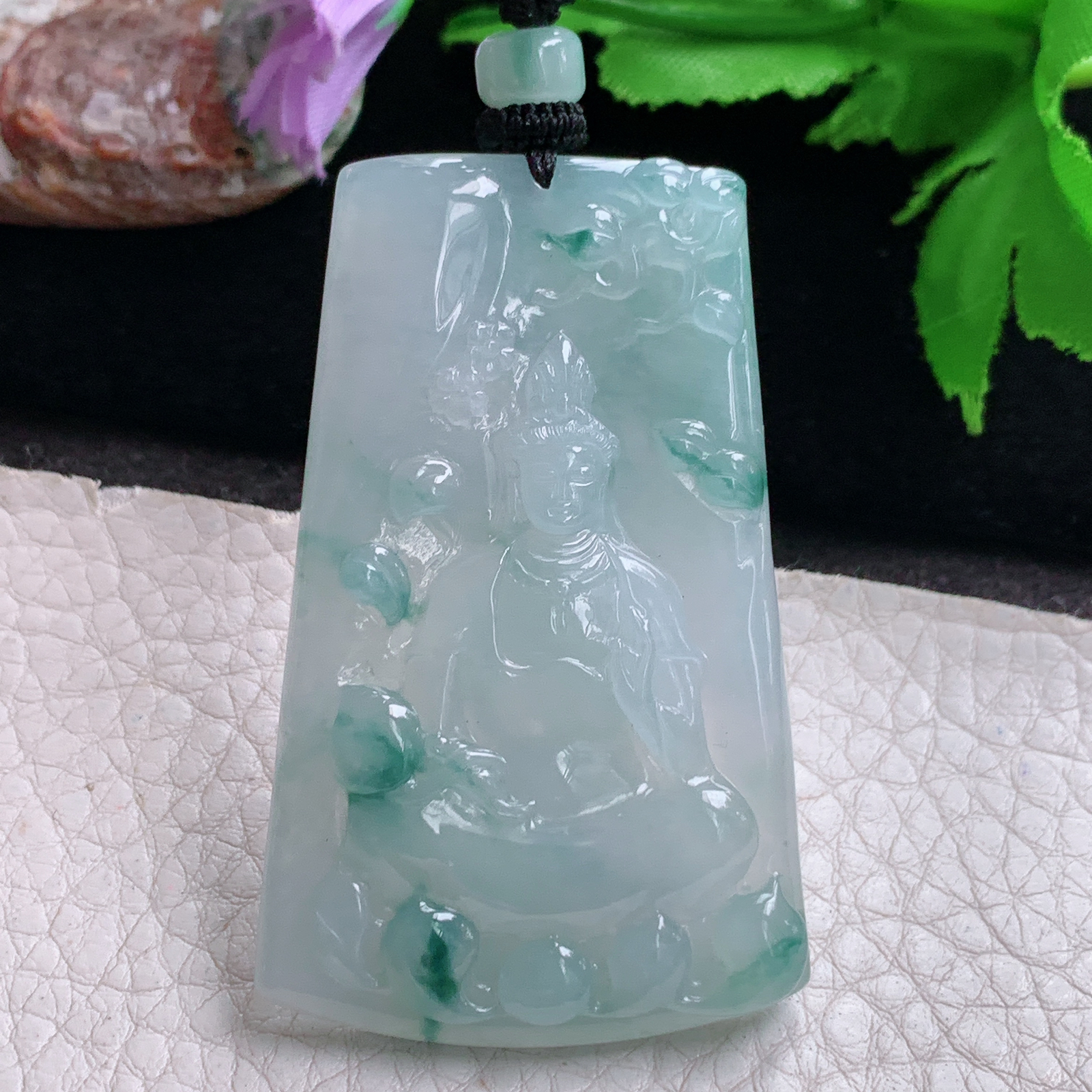 yl实拍58.8*36.6*6缅甸翡翠精雕冰飘花坐莲观音 普渡众生玉吊坠