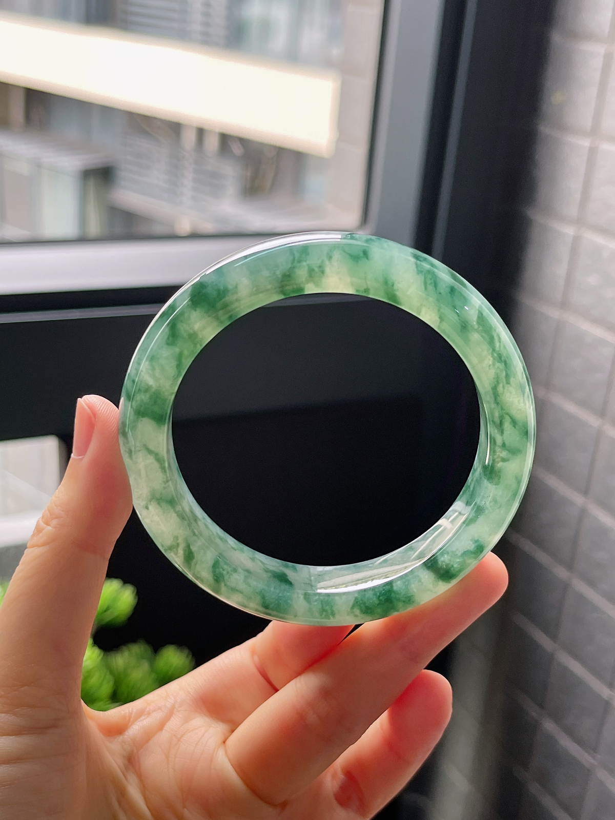 圈口57，冰糯种飘花翡翠正圈手镯