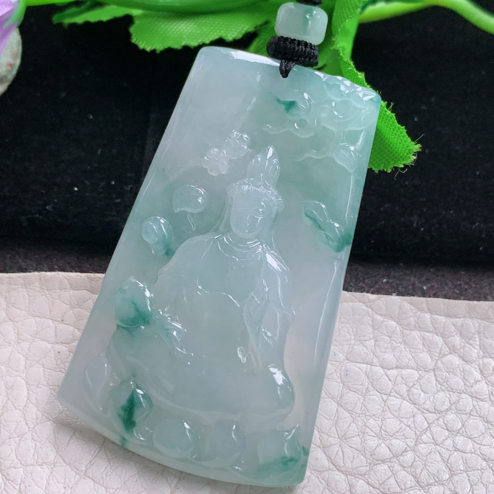 yl实拍58.8*36.6*6缅甸翡翠精雕冰飘花坐莲观音 普渡众生玉吊坠