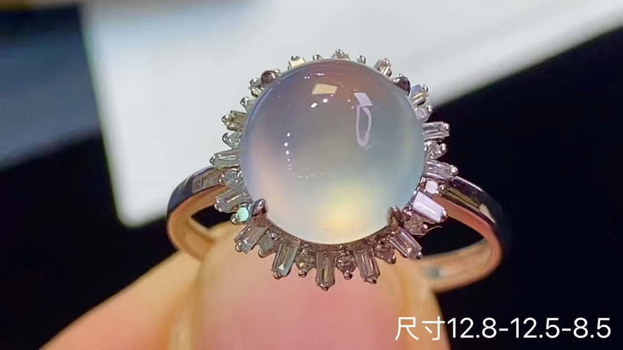 18k金+钻玻璃种蛋面戒指，无裂，12.8-12.5-8.5