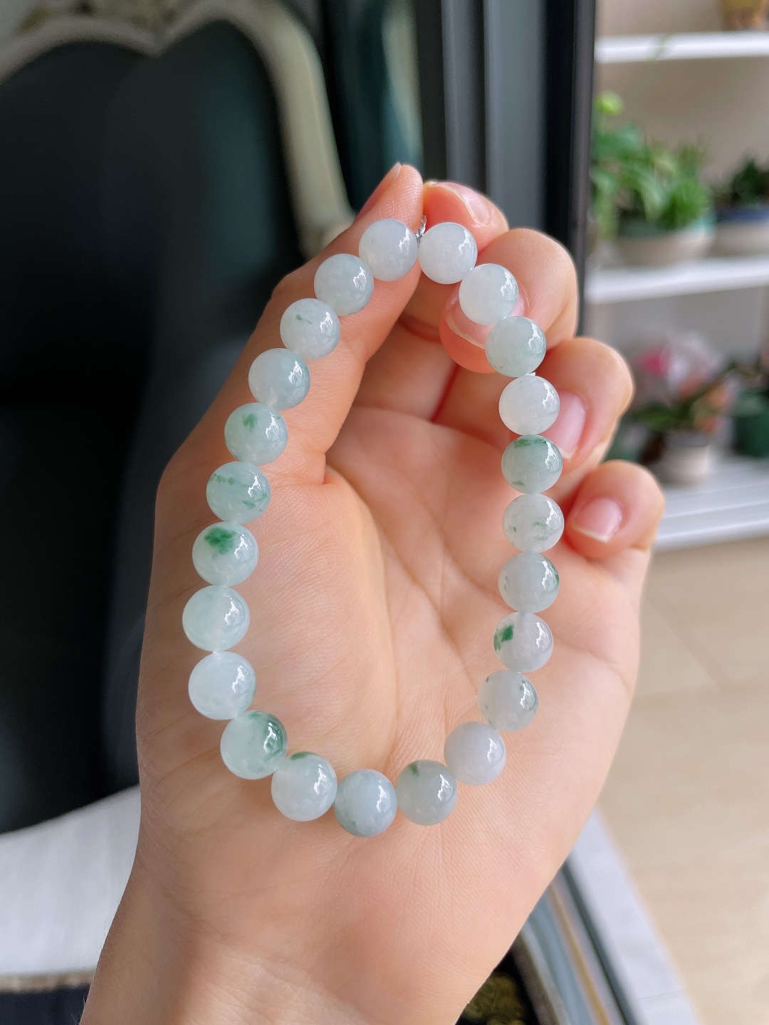 缅甸天然翡翠A货，冰飘花手串，尺寸：8mm。【编4364】
