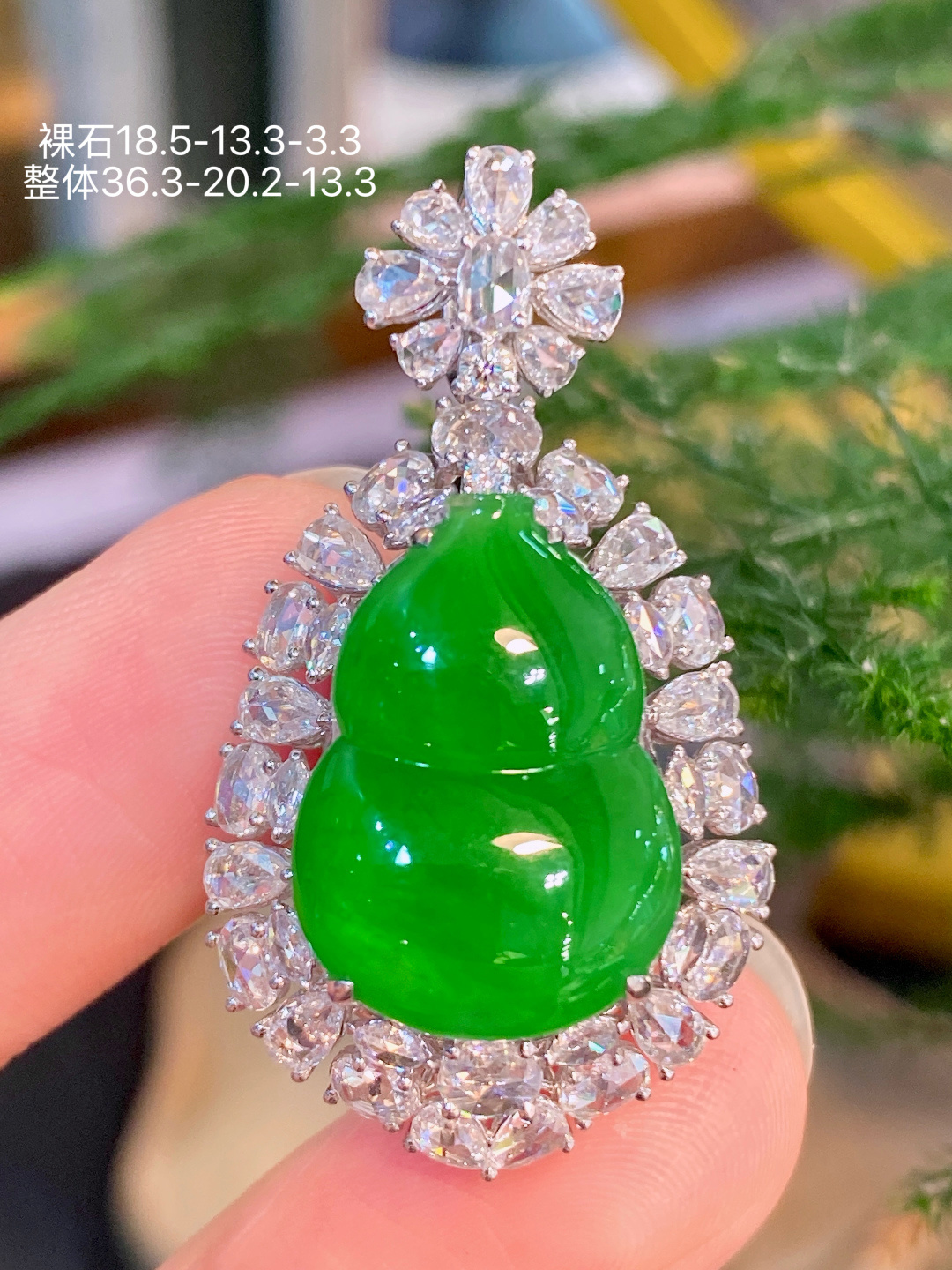 18K金镶 阳绿葫芦吊坠 无裂 水润色艳 品相饱满 配送银链苹果拍摄，实物更好看，18.5-13.3