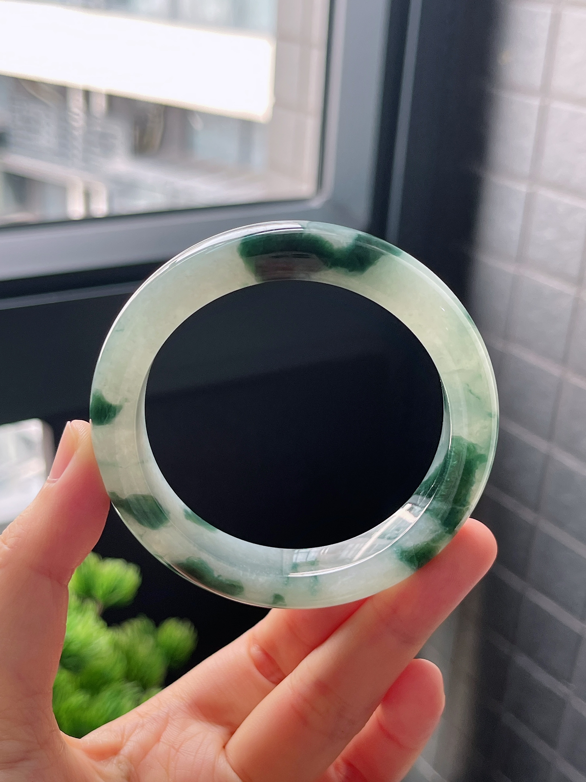 圈口53.6，冰糯种飘花翡翠正圈手镯