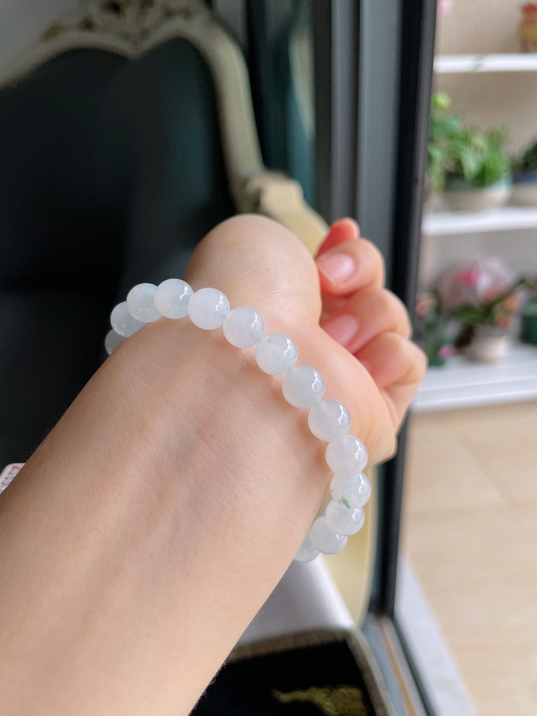 缅甸天然翡翠A货，冰飘花手串，尺寸：8mm。【编4361】
