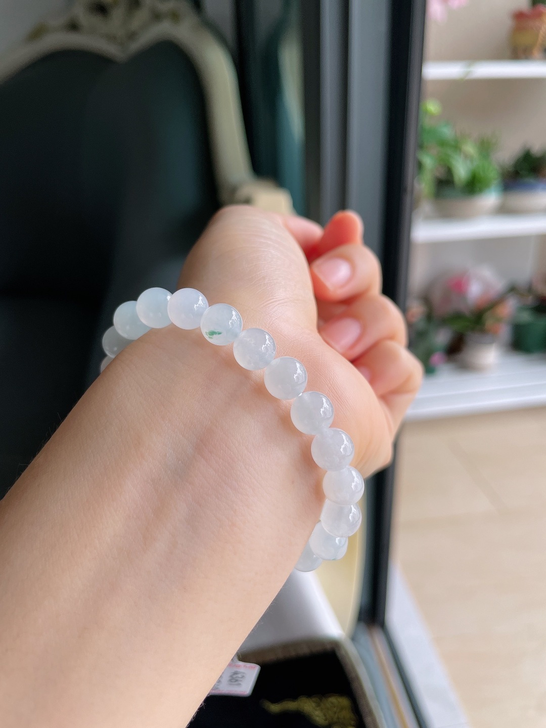 缅甸天然翡翠A货，冰飘花手串，尺寸：8mm。【编4361】