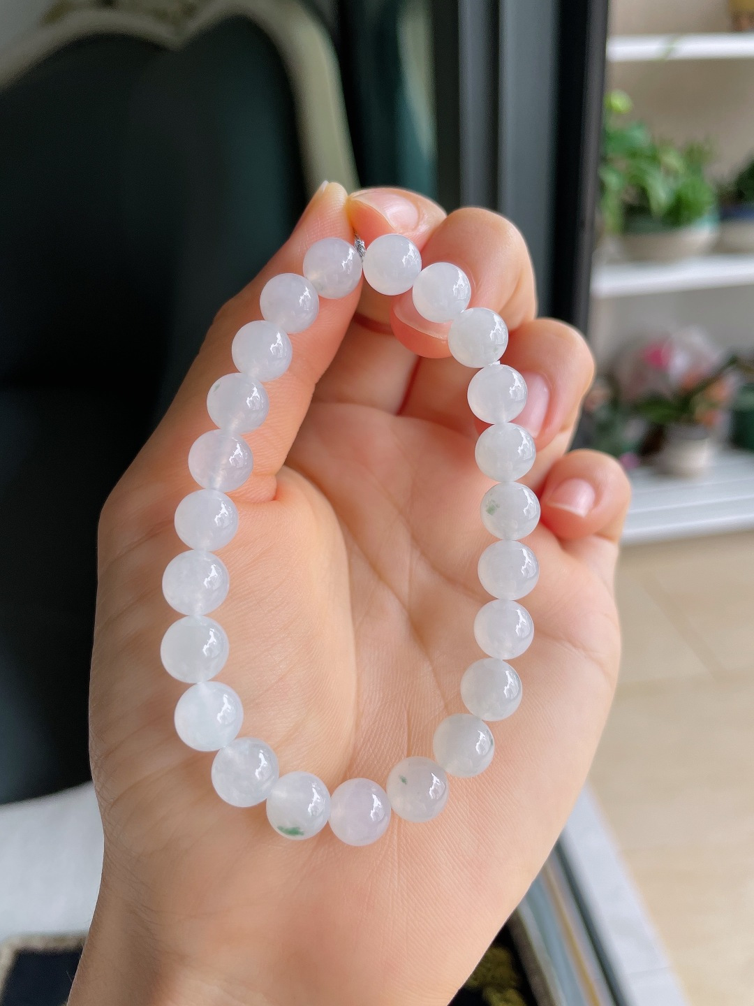 缅甸天然翡翠A货，冰飘花手串，尺寸：8mm。【编4361】