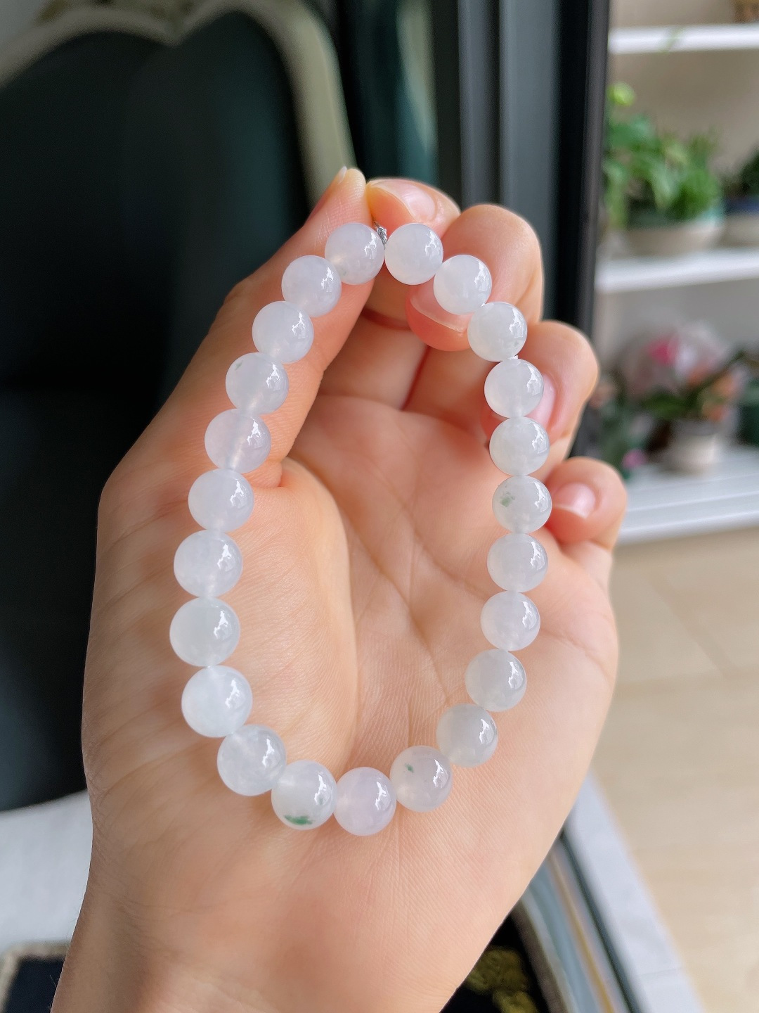 缅甸天然翡翠A货，冰飘花手串，尺寸：8mm。【编4361】