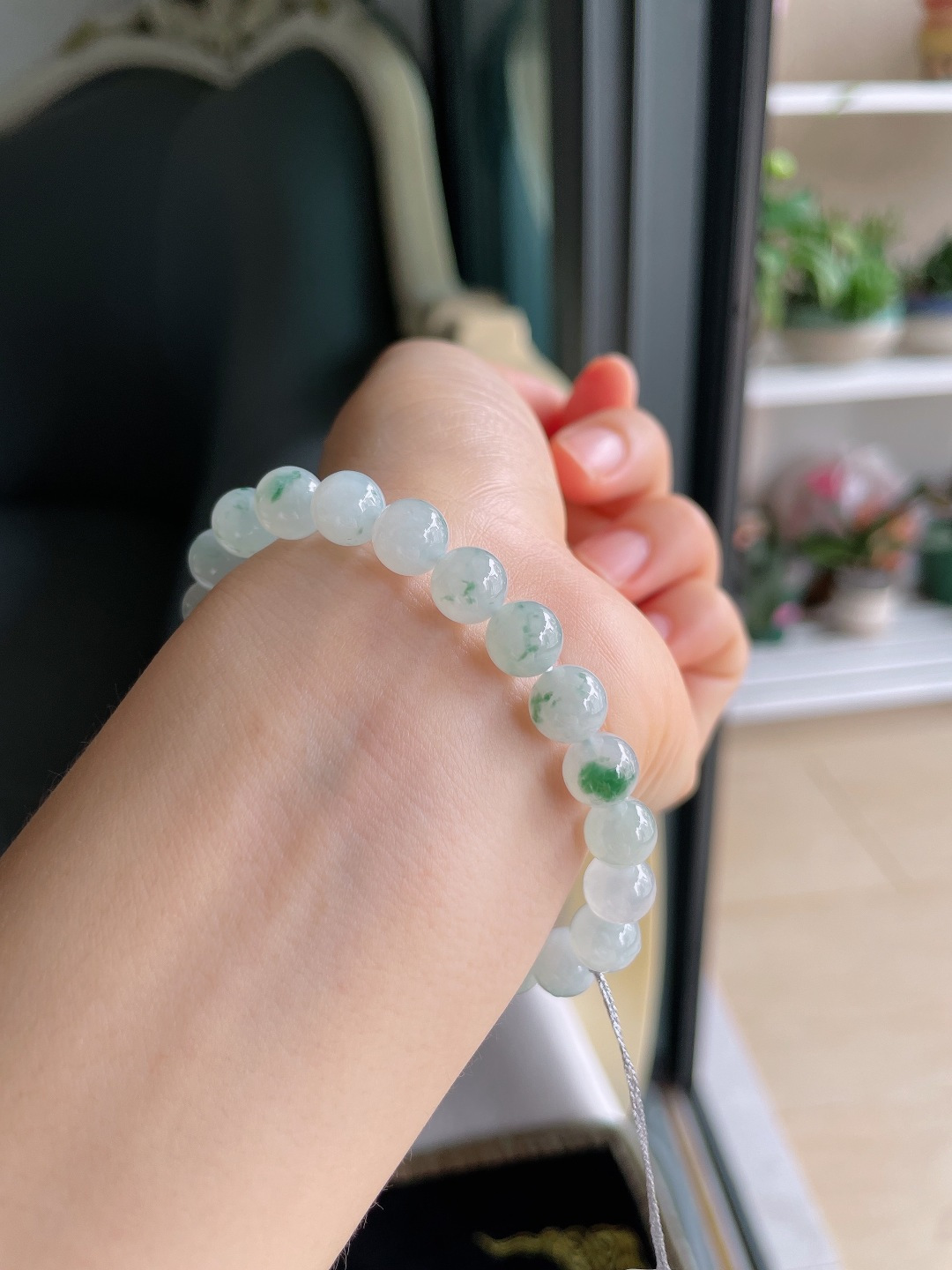 缅甸天然翡翠A货，冰飘花手串，尺寸：8mm。【编4363】