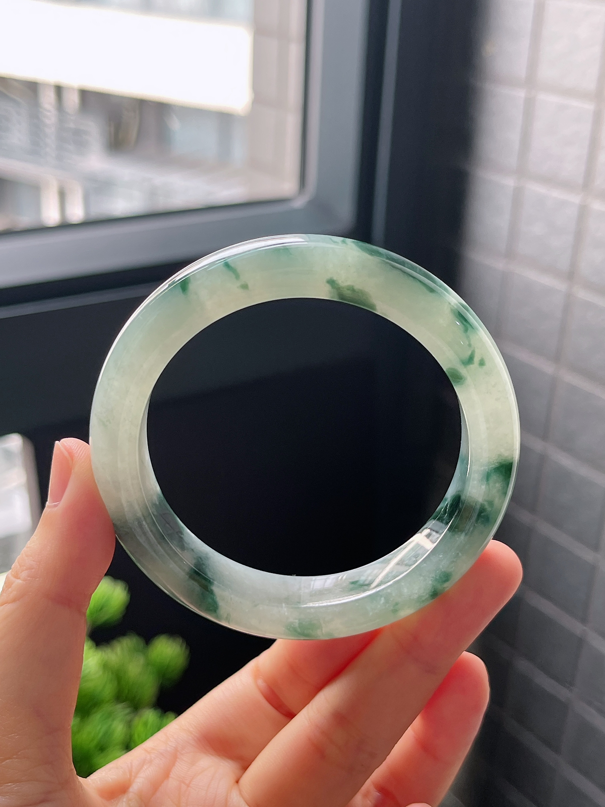 圈口53.6，冰糯种飘花翡翠正圈手镯