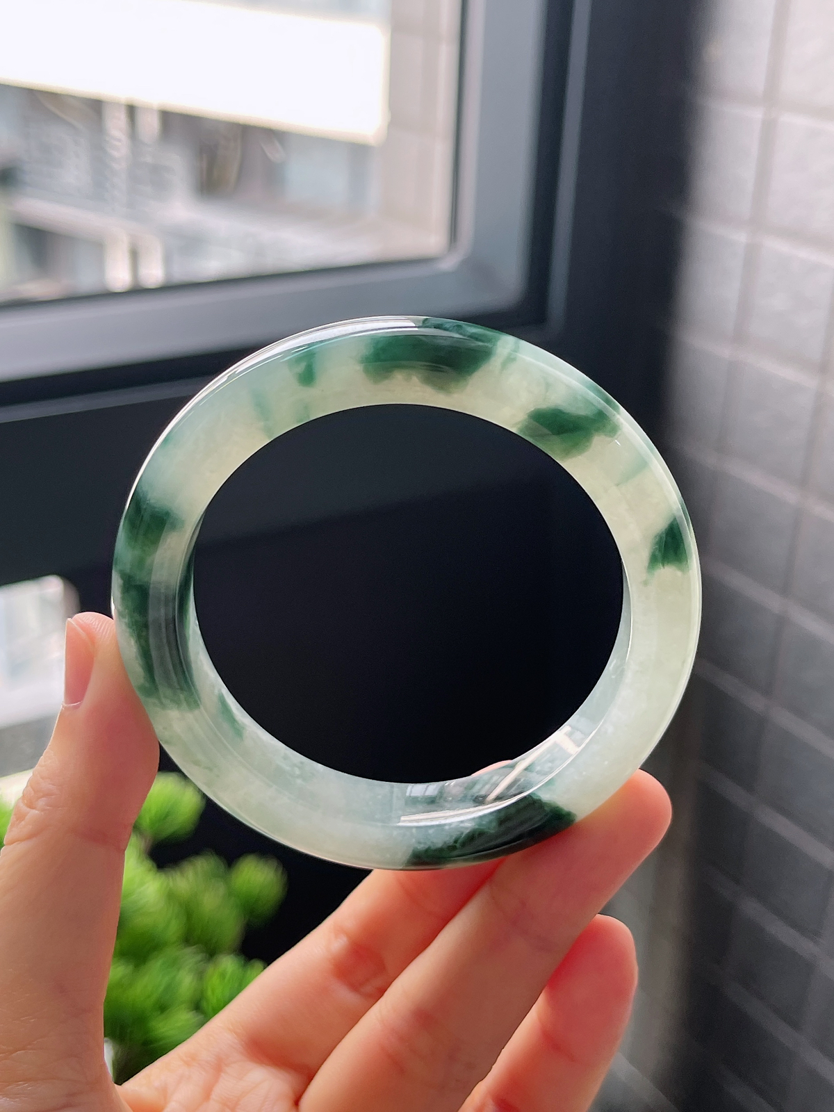 圈口53.6，冰糯种飘花翡翠正圈手镯