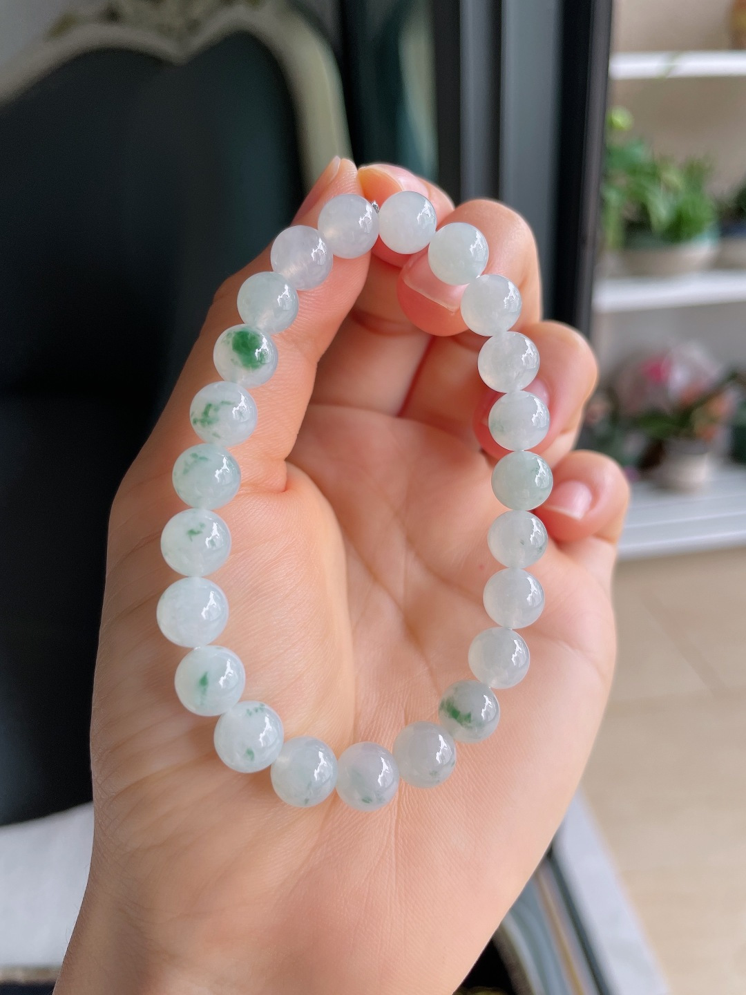 缅甸天然翡翠A货，冰飘花手串，尺寸：8mm。【编4363】