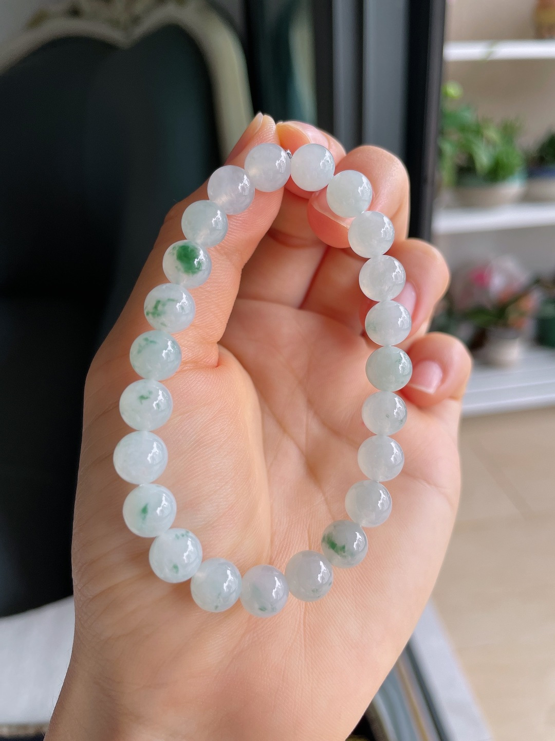 缅甸天然翡翠A货，冰飘花手串，尺寸：8mm。【编4363】