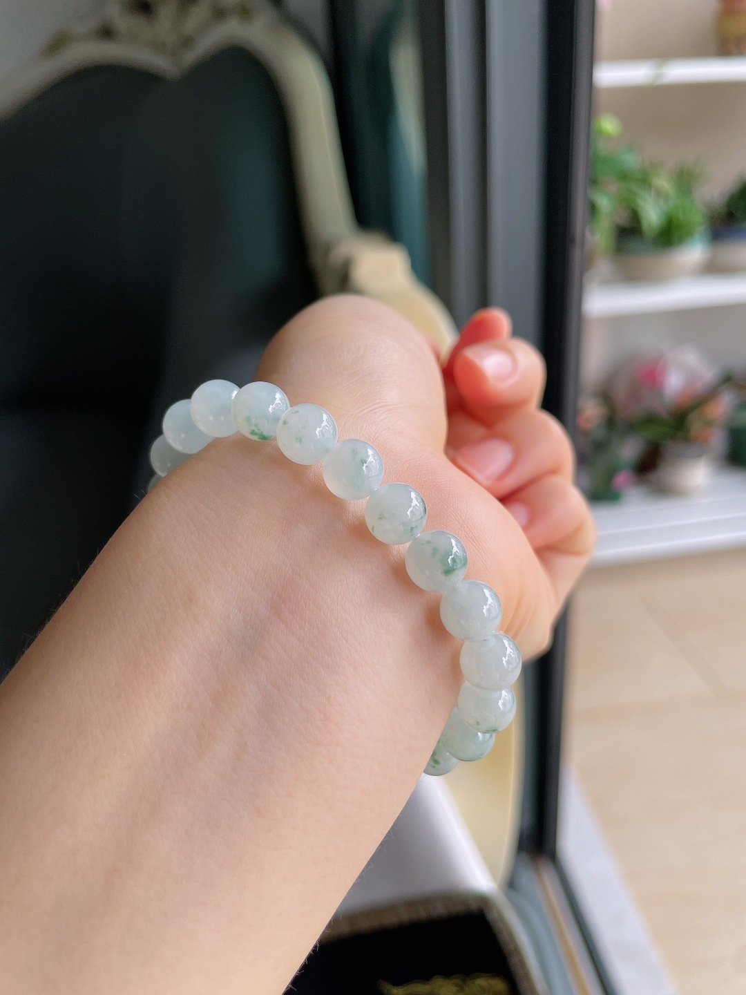 缅甸天然翡翠A货，冰飘花手串，尺寸：8mm。【编4363】