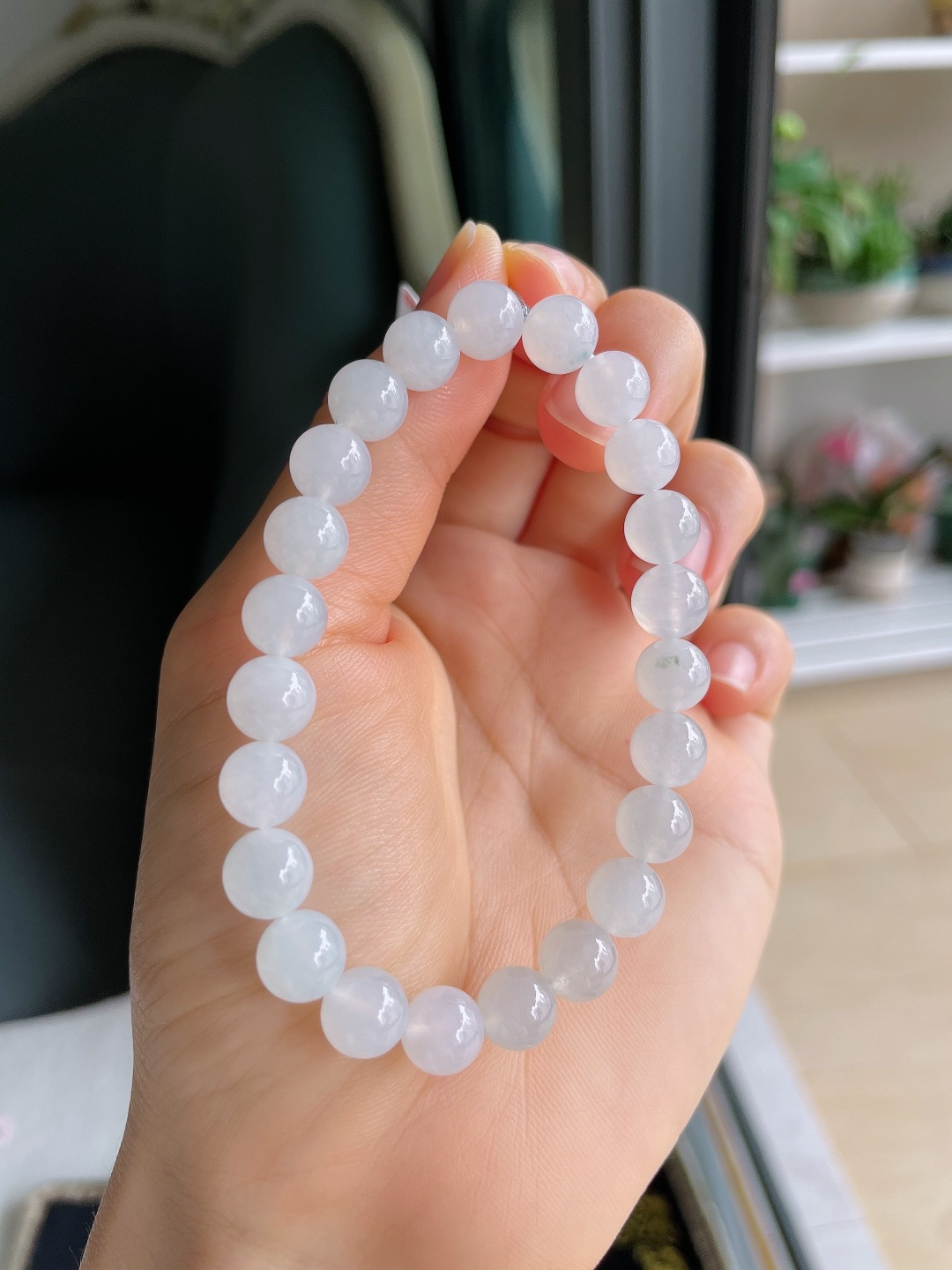 缅甸天然翡翠A货，冰飘花手串，尺寸：8mm。【编4361】