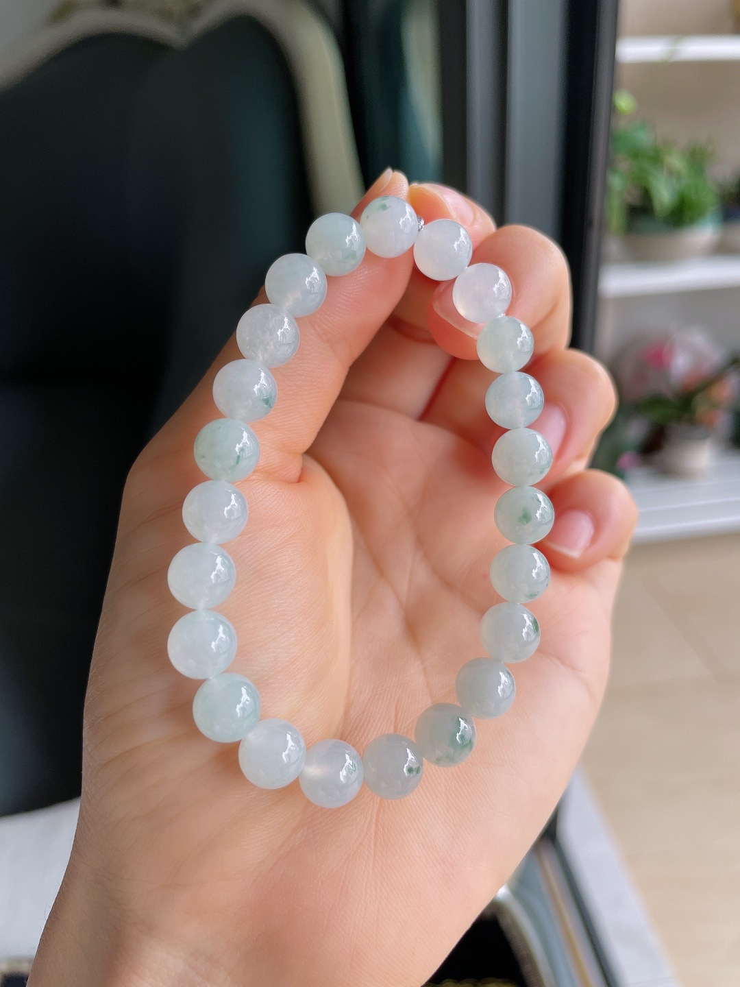 缅甸天然翡翠A货，冰飘花手串，尺寸：8mm。【编4363】