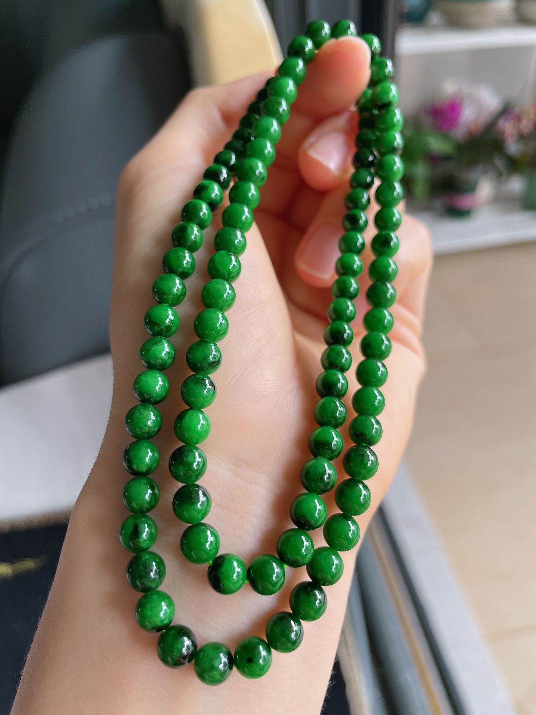 天然翡翠A货，冰满绿珠链，尺寸：6mm91颗。【编4168】