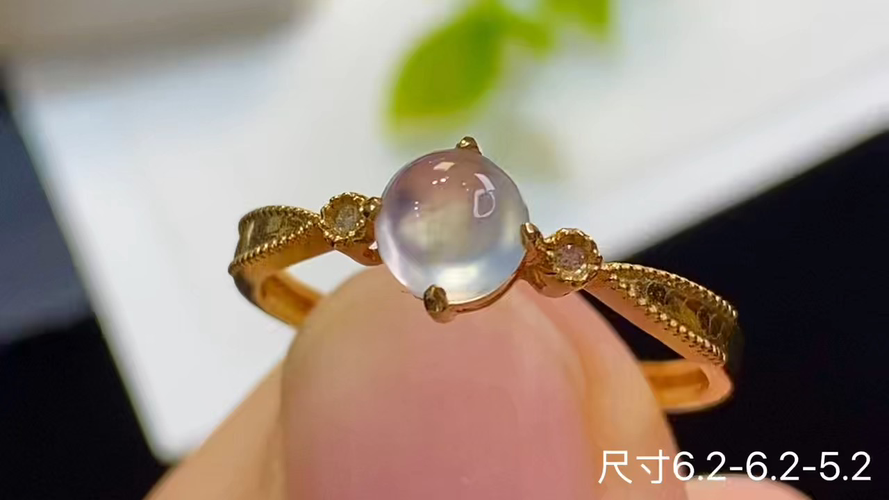 18k金+钻玻璃种蛋面戒指，无暇，6.2-6.2-5.2