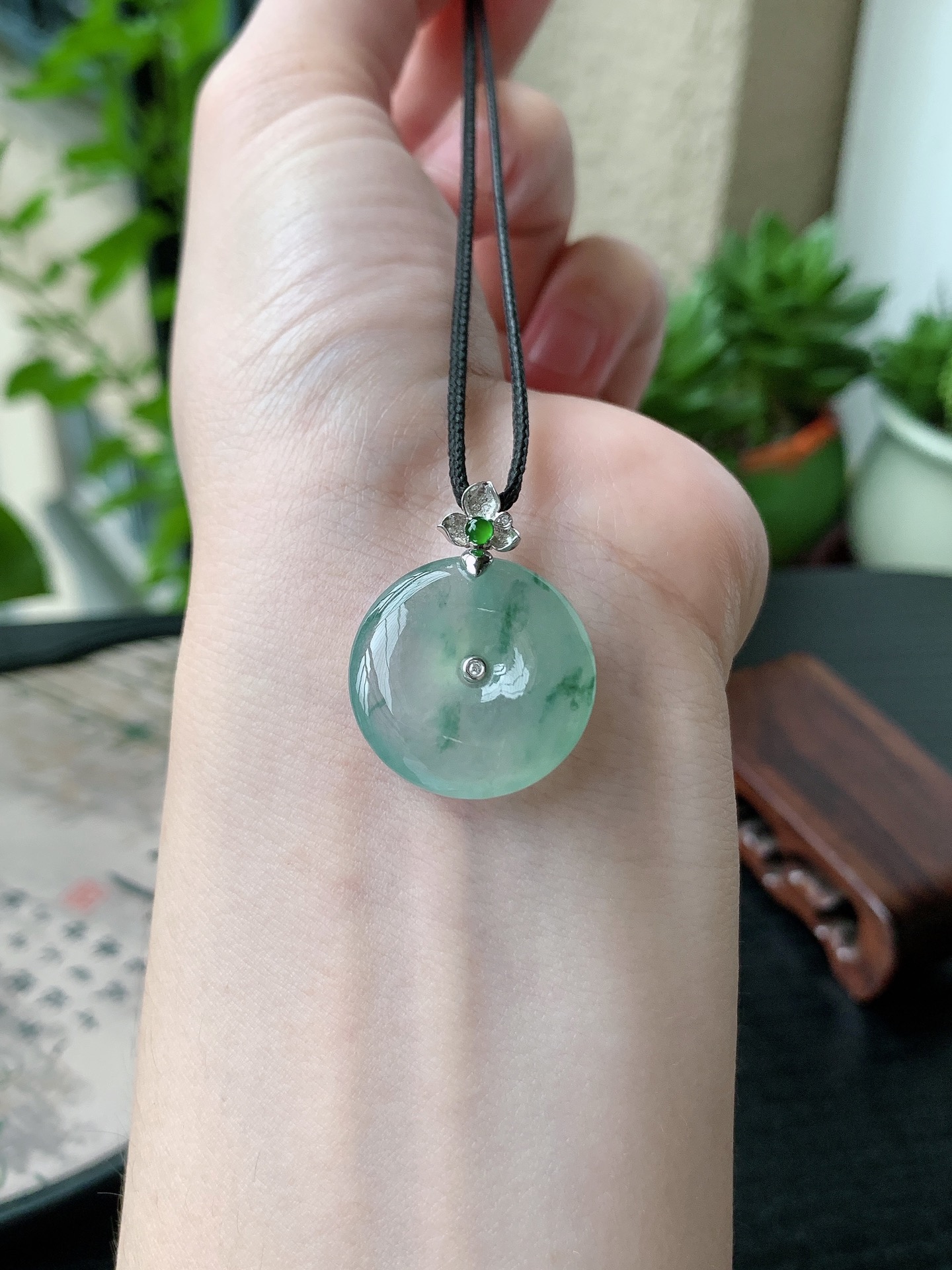 18k金镶嵌老坑冰种胶感飘花平安扣吊坠 裸石尺寸:21.4-5mm
