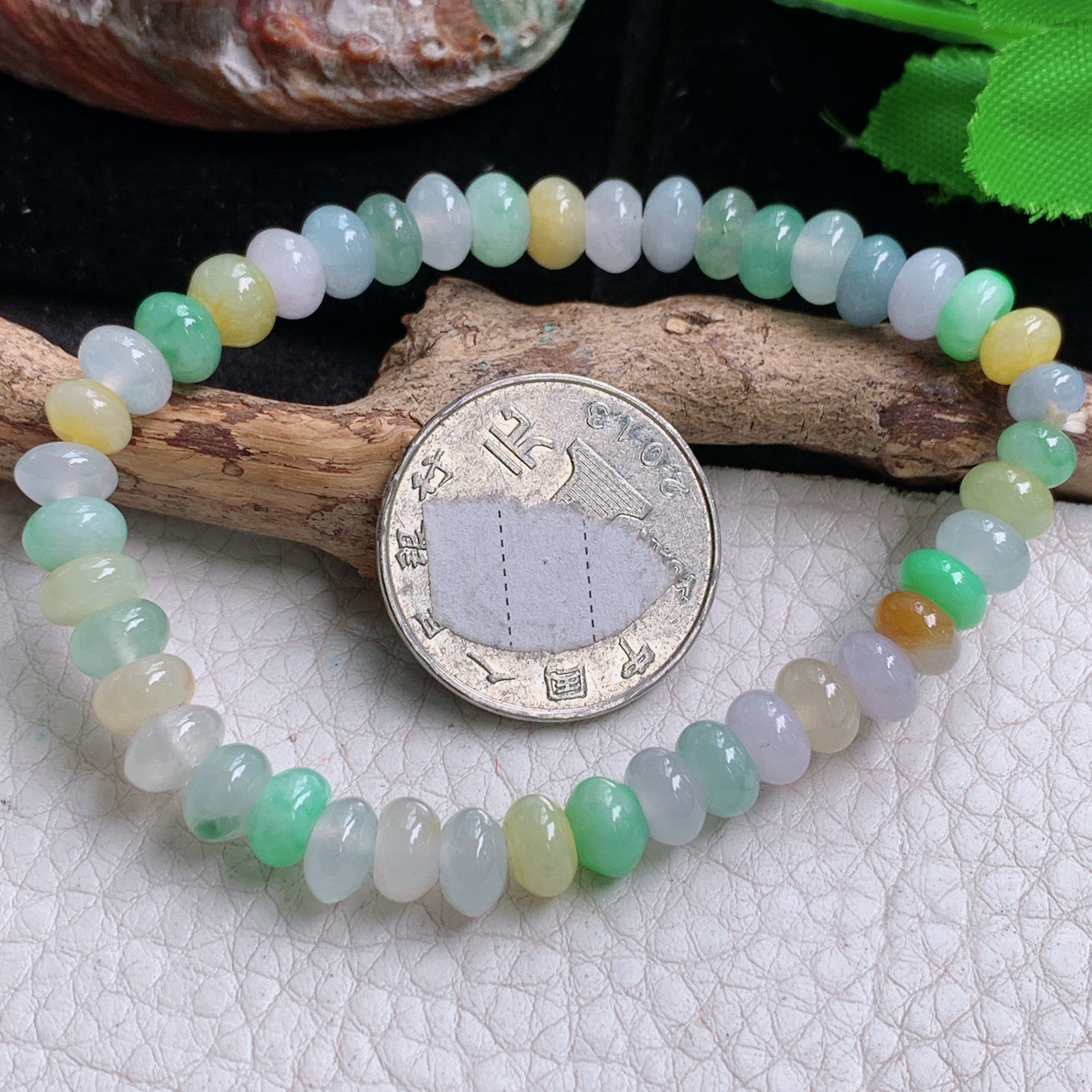 zen实拍约7mm天然缅甸翡翠玉手链女款卵彩多宝黄加绿小玉手串
