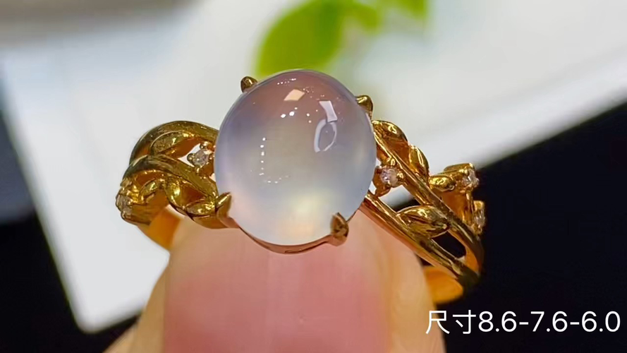 18k金+钻玻璃种蛋面戒指，无暇，8.6-7.6-6.0