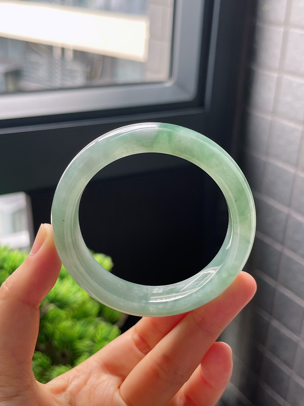 圈口52，冰糯种湖蓝翡翠正圈手镯