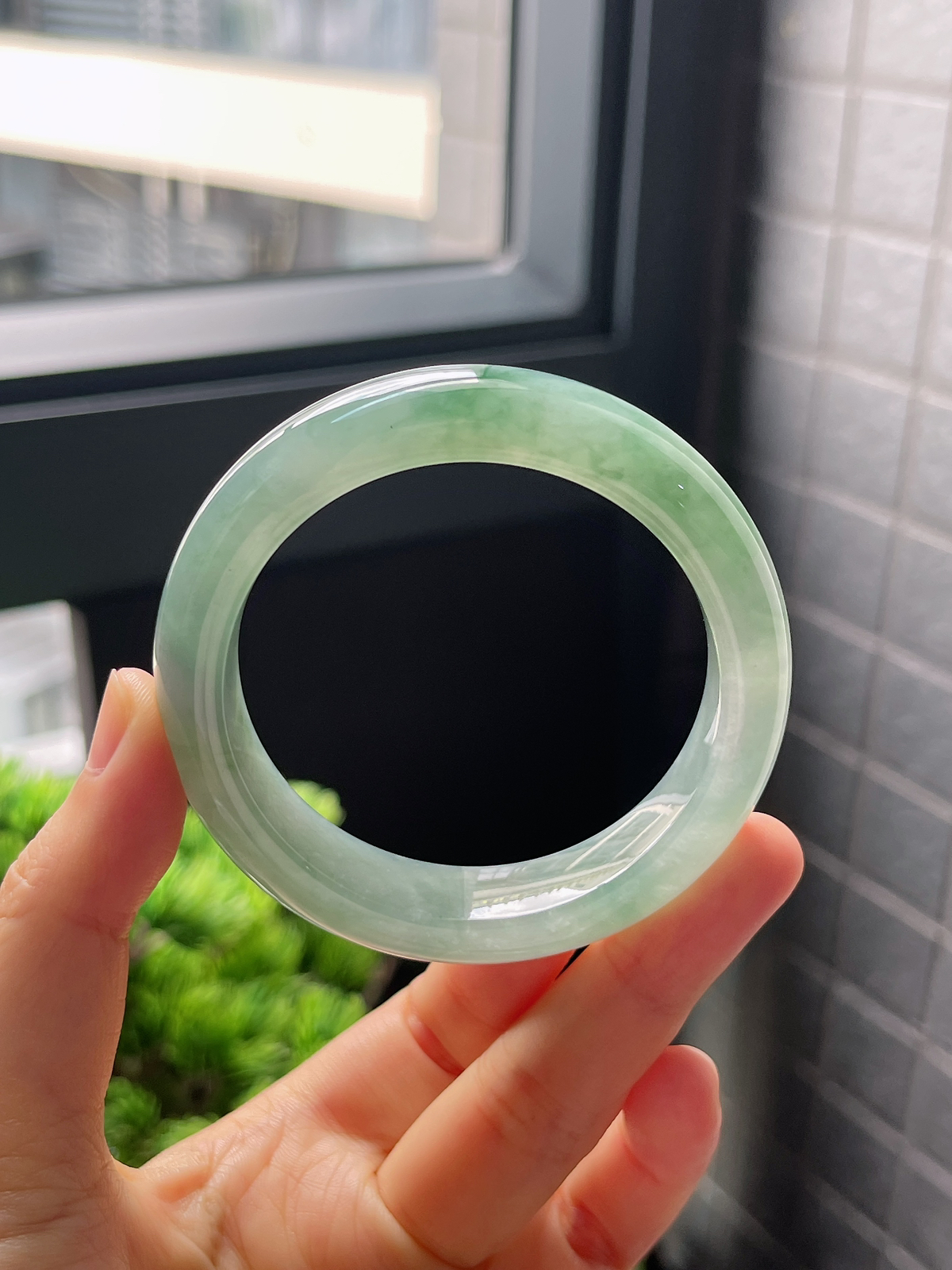 圈口52，冰糯种湖蓝翡翠正圈手镯