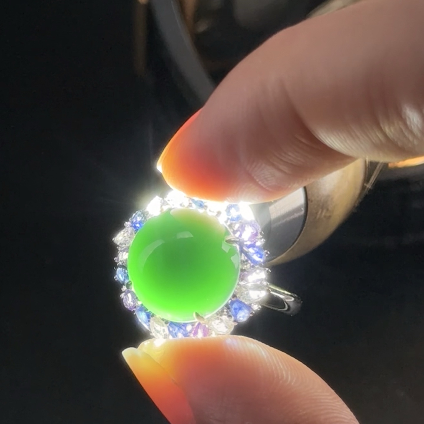 精品墨翠蛋面女戒 种好色正 黑度极好 打灯通透 油性十足