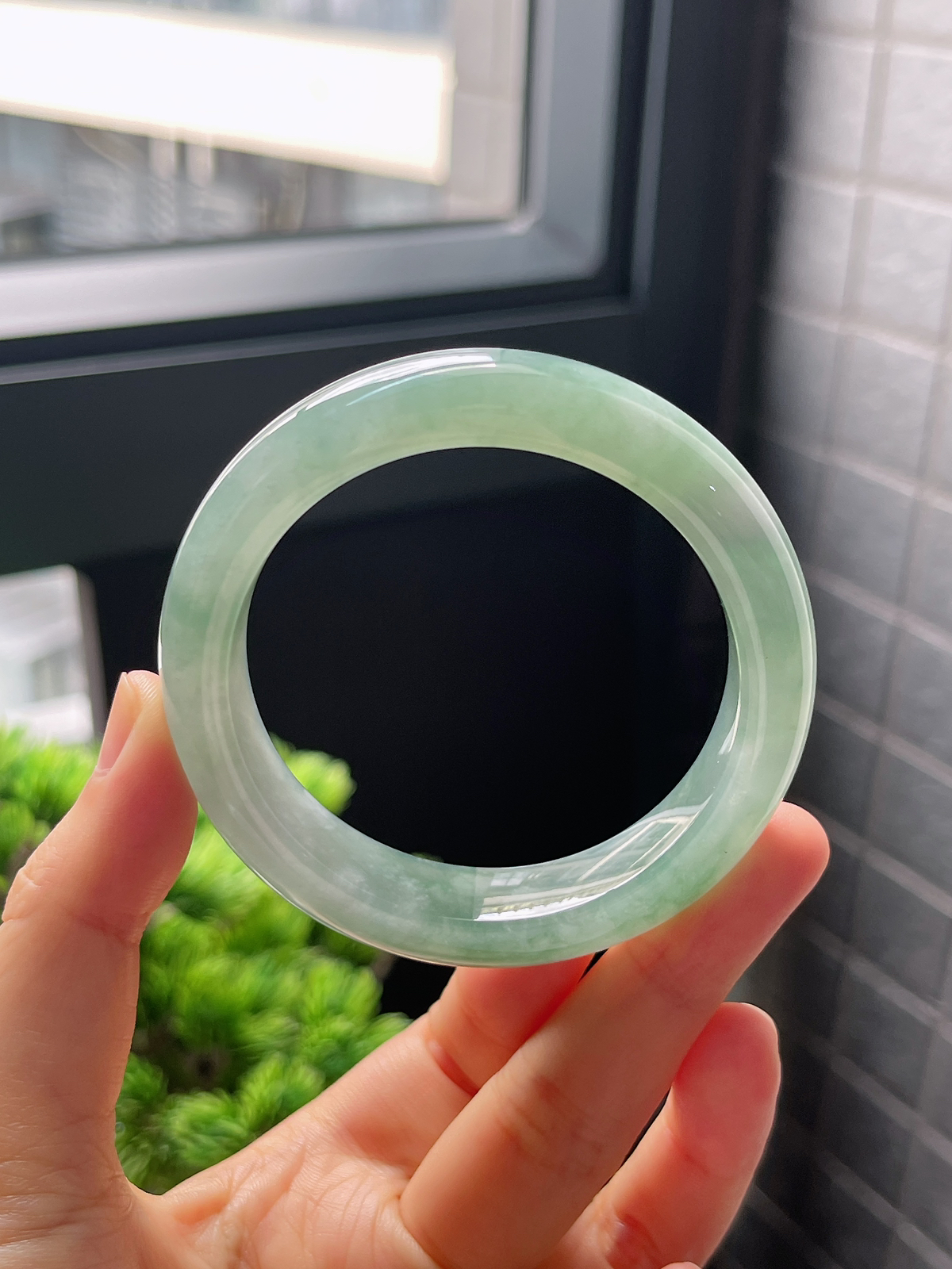 圈口52，冰糯种湖蓝翡翠正圈手镯