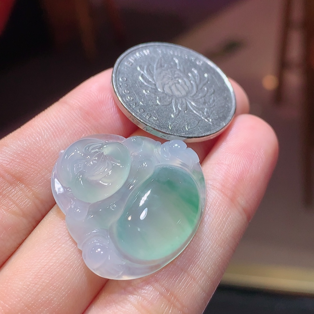 ️️ 冰飘花佛公挂件  水润通透 种老水足  起光  佩戴优雅迷人 货号14707，26.7-28.2-5.3