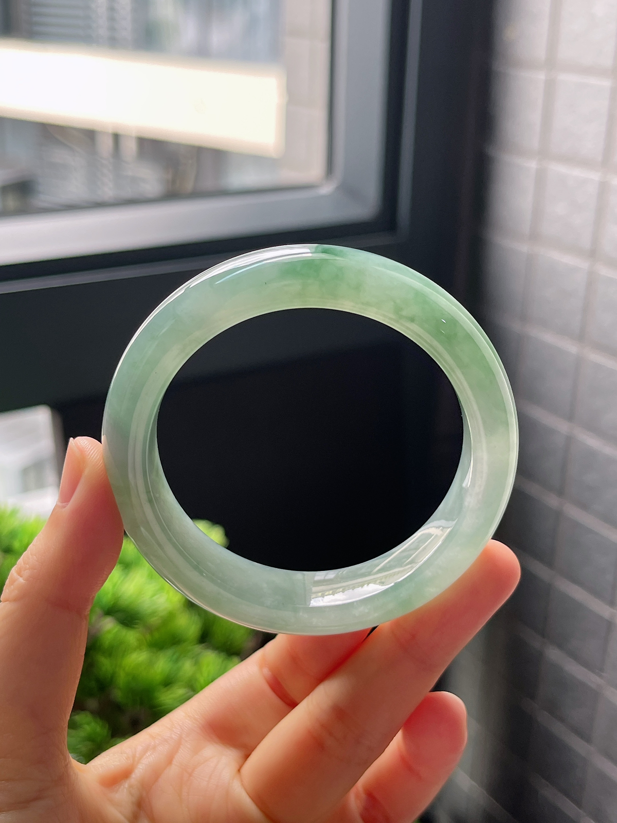 圈口52，冰糯种湖蓝翡翠正圈手镯