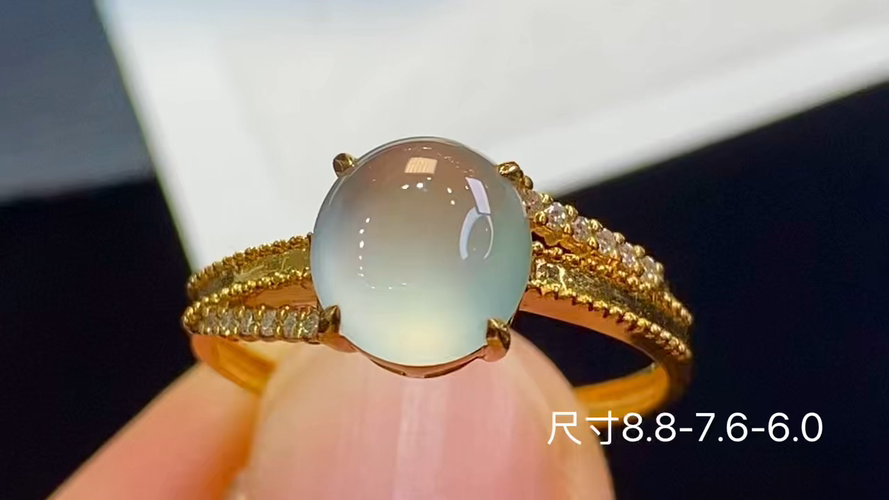 18k金+钻玻璃种蛋面戒指，无暇，8.8-7.6-6.0