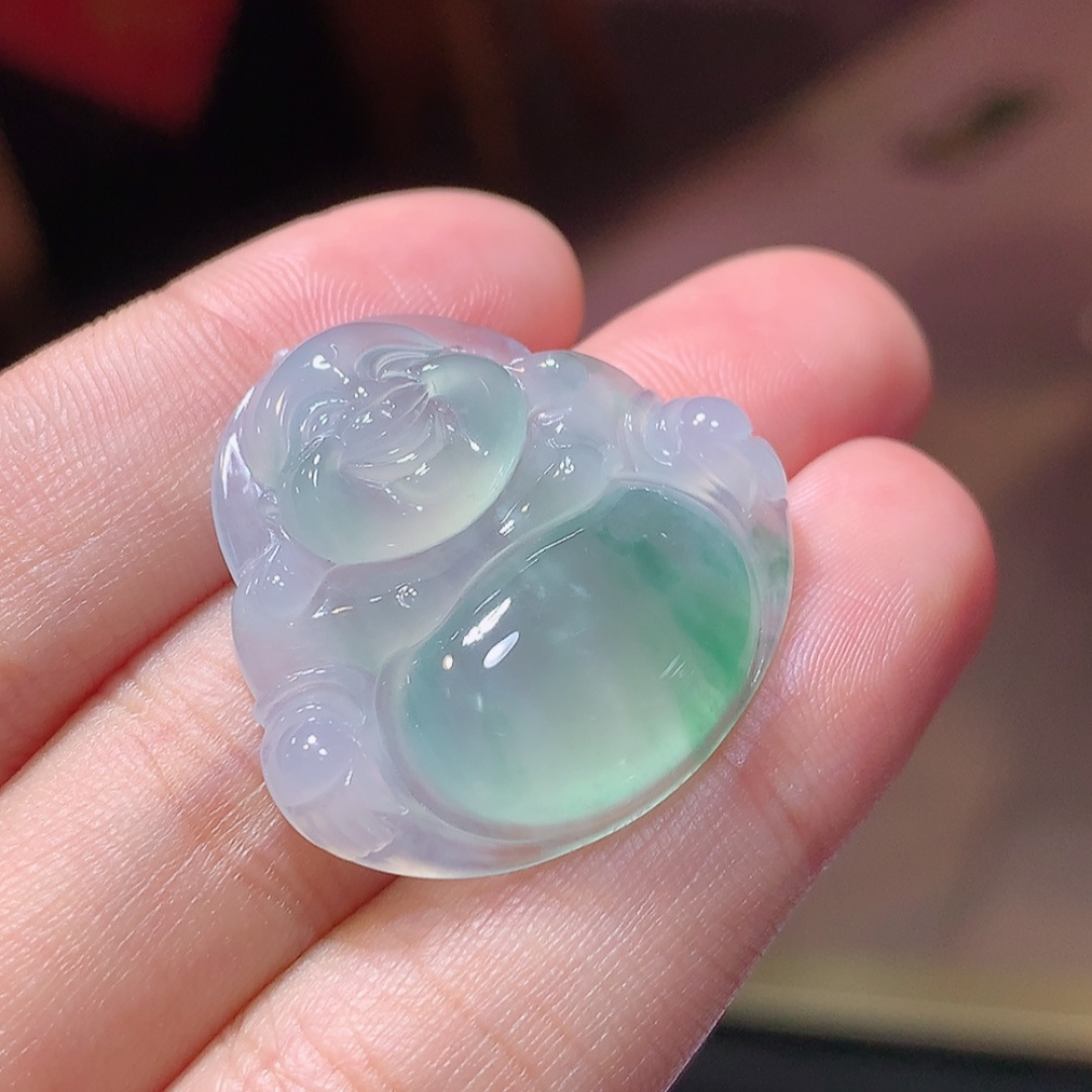 ️️ 冰飘花佛公挂件  水润通透 种老水足  起光  佩戴优雅迷人 货号14707，26.7-28.2-5.3