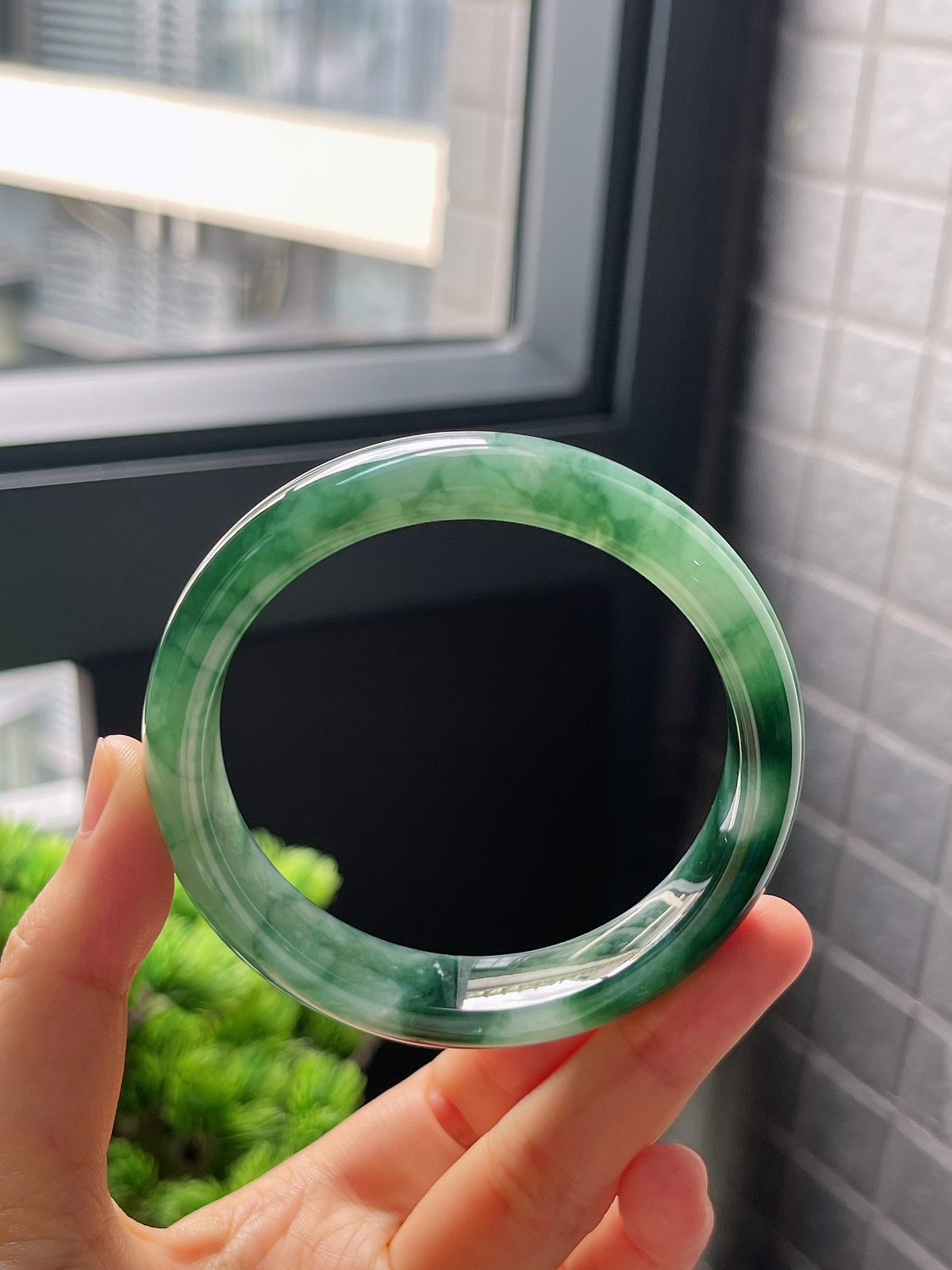 圈口59，冰糯种飘花翡翠正圈手镯