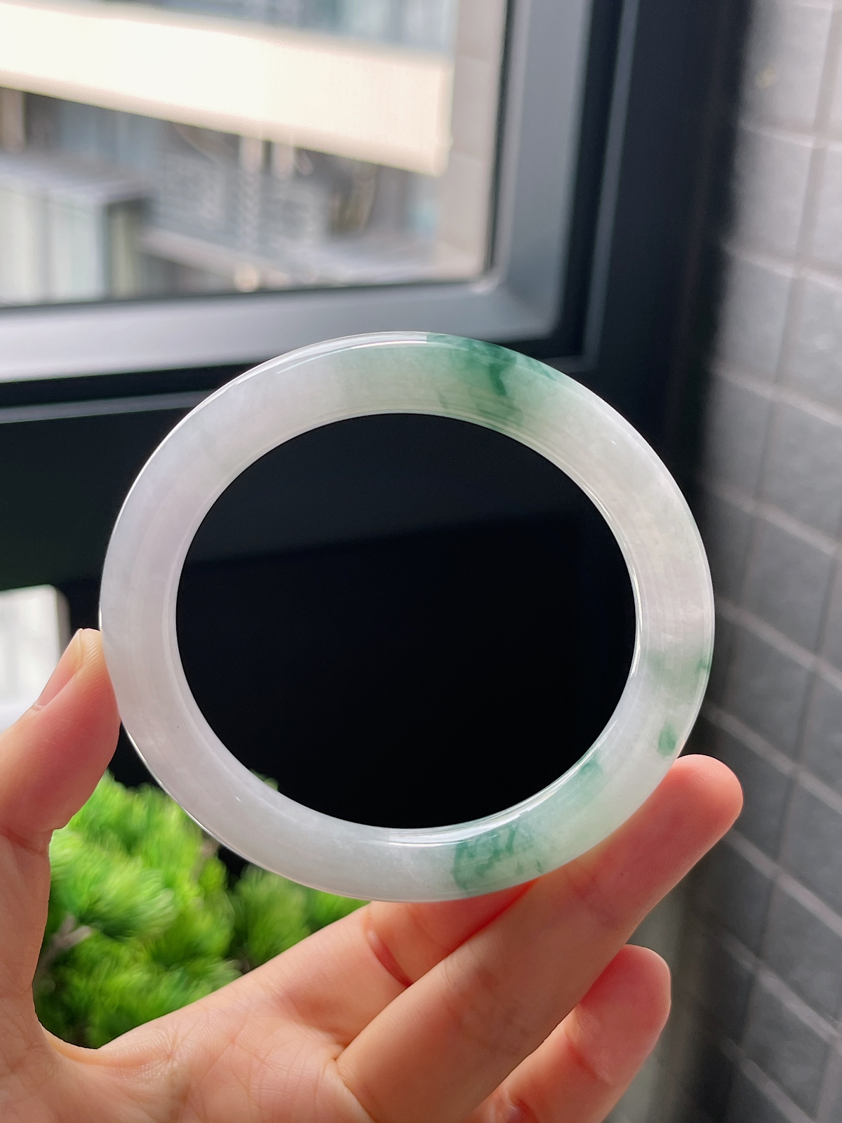 圈口58，冰糯种飘花翡翠圆条手镯