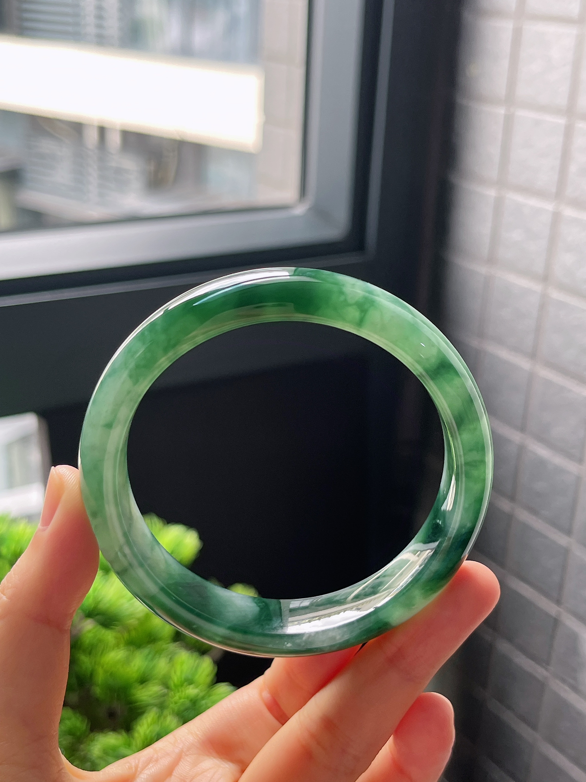 圈口59，冰糯种飘花翡翠正圈手镯