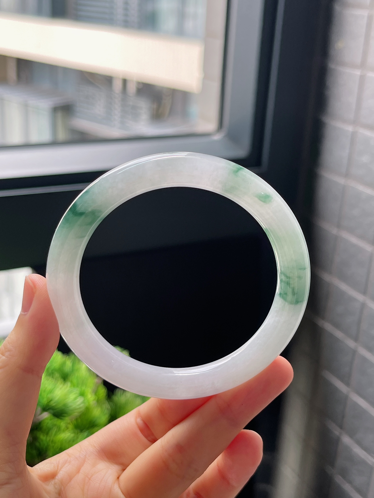 圈口58，冰糯种飘花翡翠圆条手镯