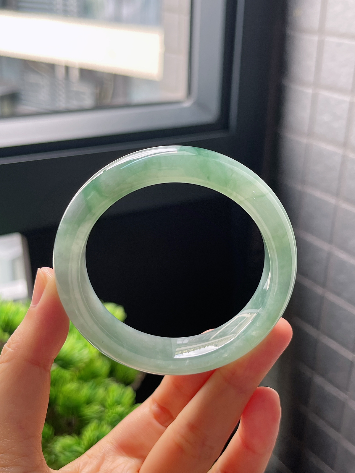 圈口52，冰糯种湖蓝翡翠正圈手镯