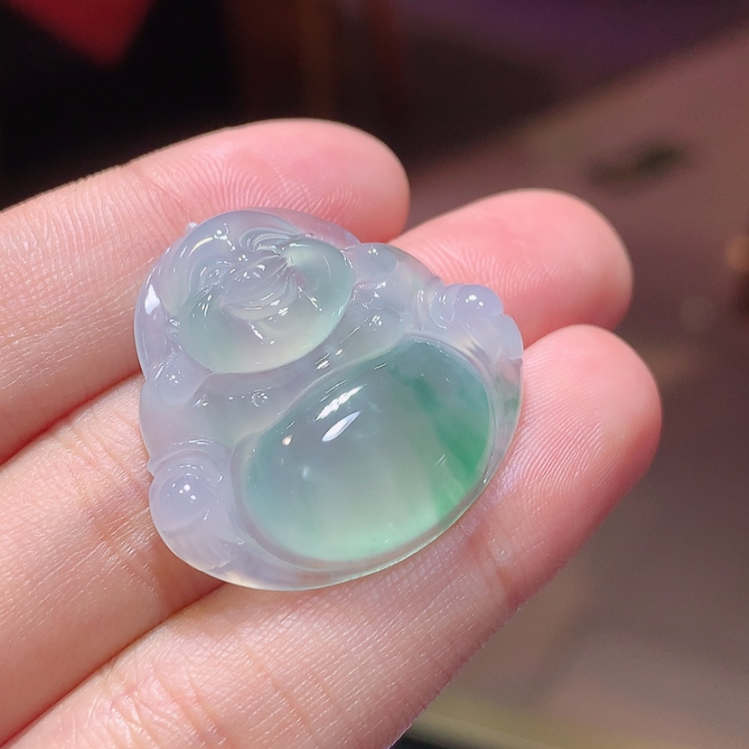 ️️ 冰飘花佛公挂件  水润通透 种老水足  起光  佩戴优雅迷人 货号14707，26.7-28.2-5.3