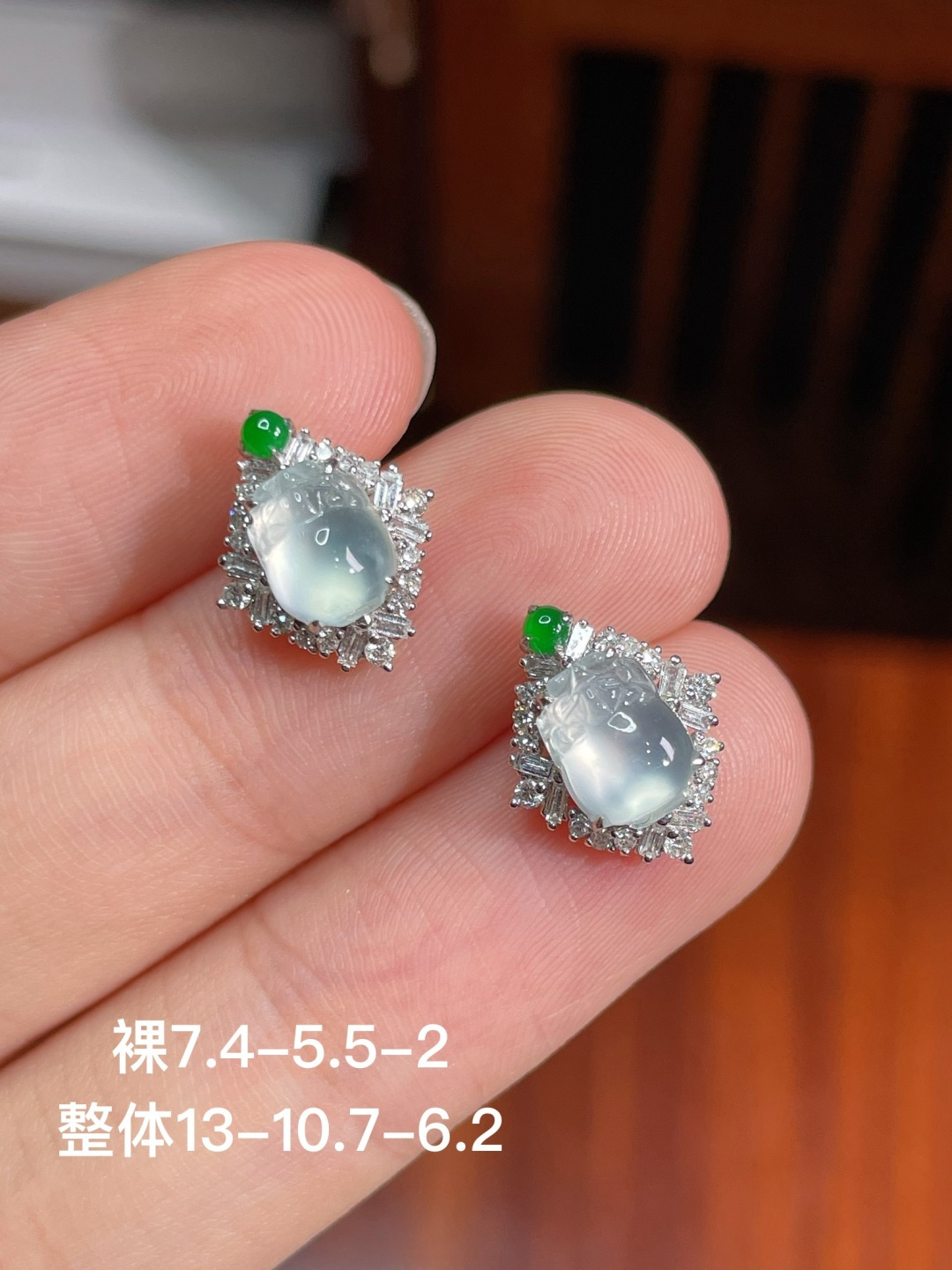 高冰貔貅耳钉 无裂 18k金镶嵌，13-10.7-6.2