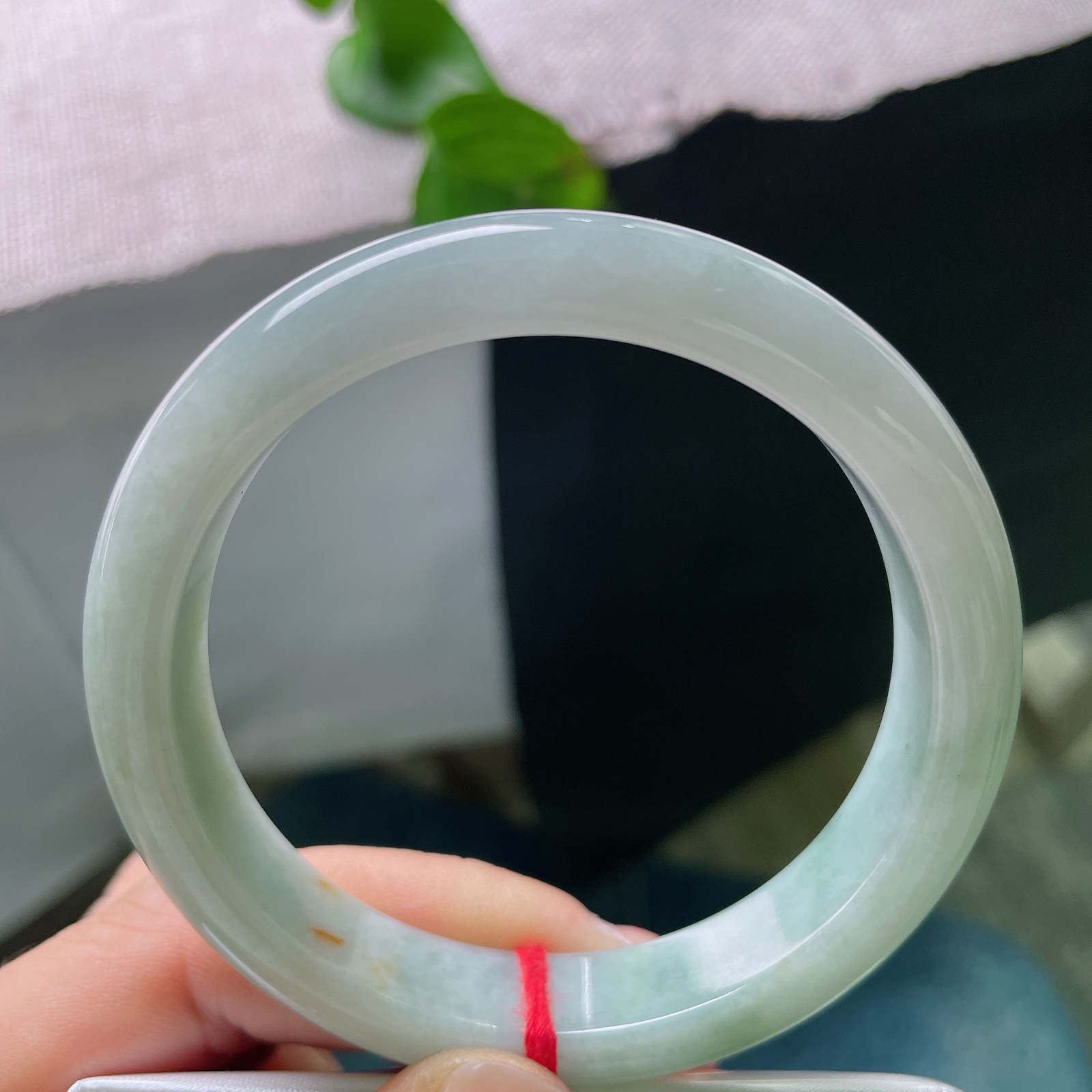 55.7/11.8/8.6，晴底正圈。晶体纹，素翠环身，零星洒金点缀，清冷玉色揉进暖融融细碎霞光。ss54088a。