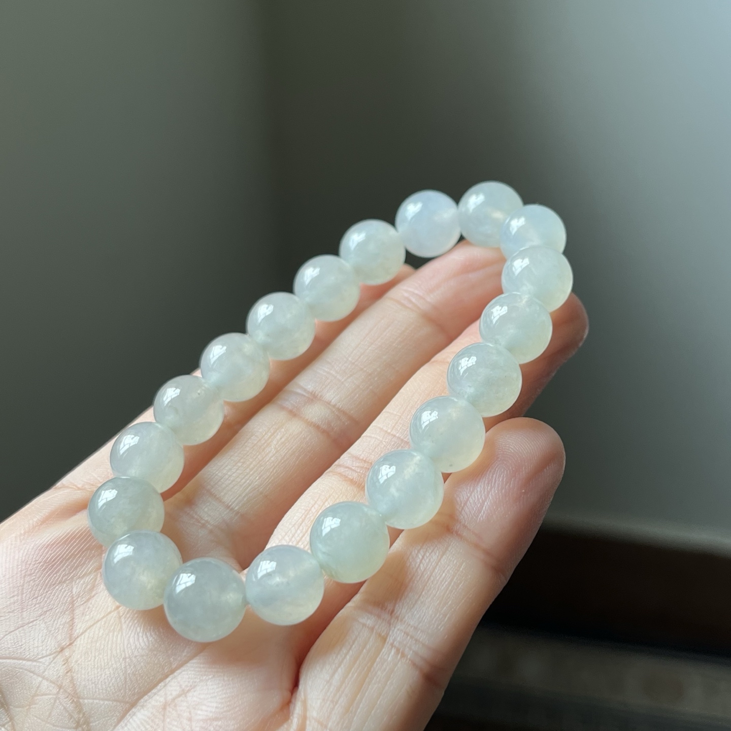 冰种圆珠手链，种水好，冰透，尺寸10.2